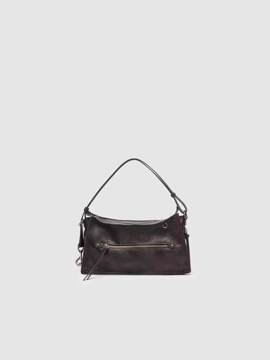 Shoulder bag in black textured leather with front zip pocket
