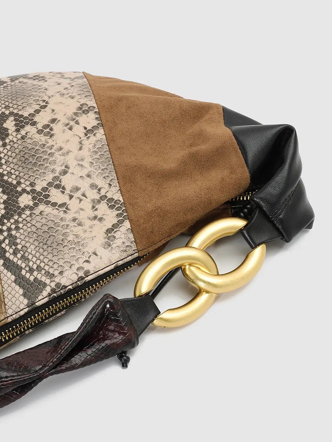 Shoulder bag by Urban Revivo Fashion with snake-print panel, brown suede patch, black trim and gold-tone hardware