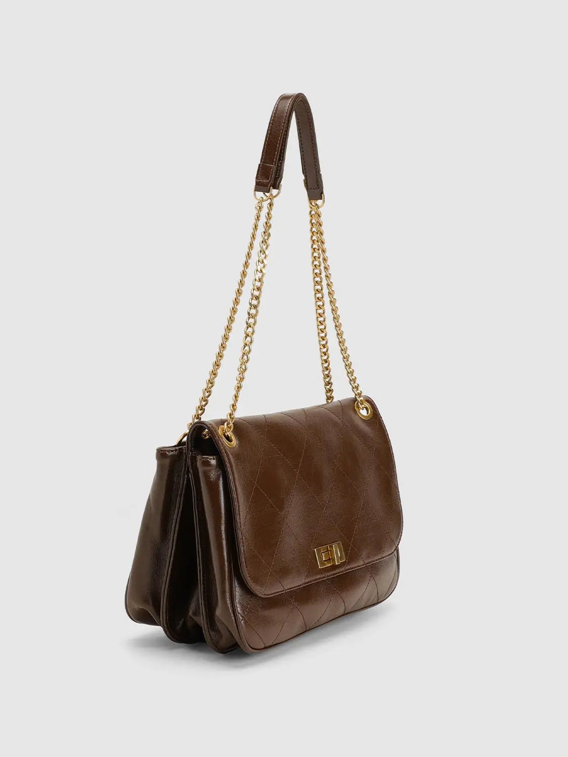 Shoulder & Crossbody Bag in brown quilted leather with a gold chain strap by Urban Revivo Fashion.