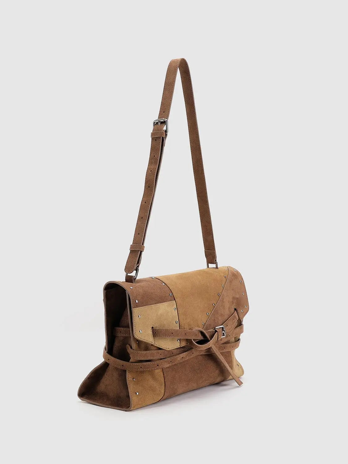 Shoulder & crossbody bag, brown suede patchwork with silver studs.