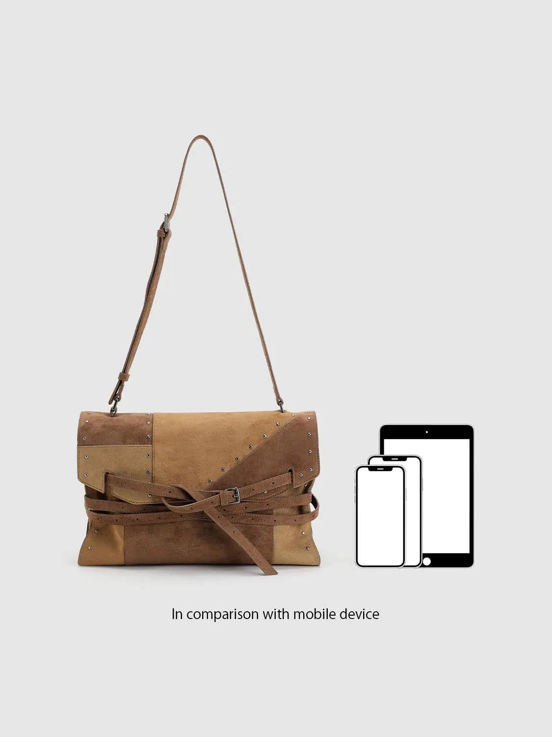 Shoulder bag with patchwork brown panels, suede texture, metal stud accents, and wraparound strap.