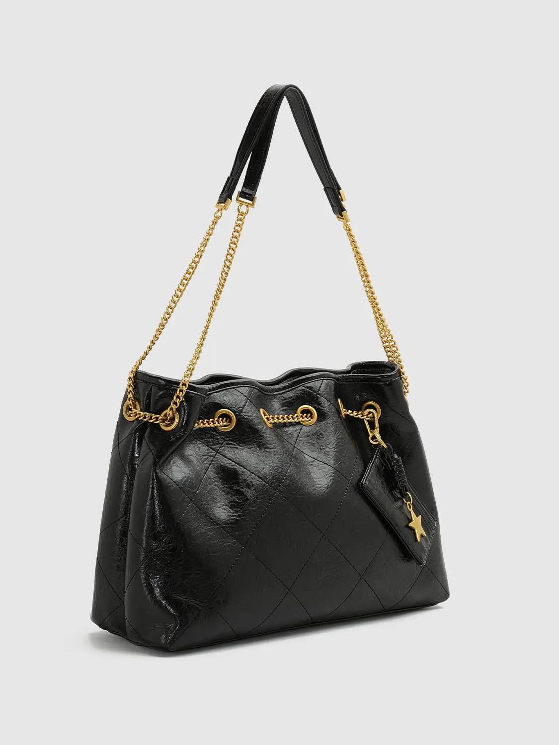 Shoulder & Crossbody Bag in black quilted design with gold chain straps and star charm