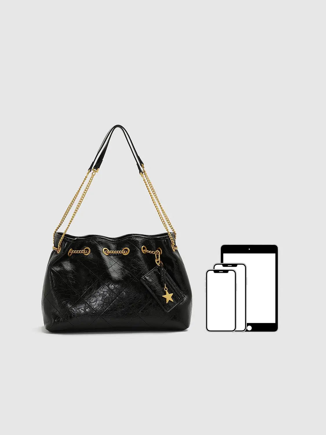 Shoulder & Crossbody Bag, black quilted leather with double gold chain strap and star charm pendant, luxe