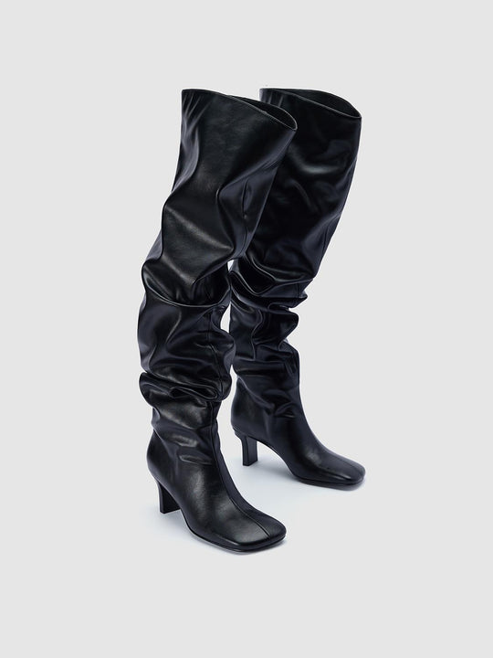 Kitten Heeled Crinkle Knee High Boots