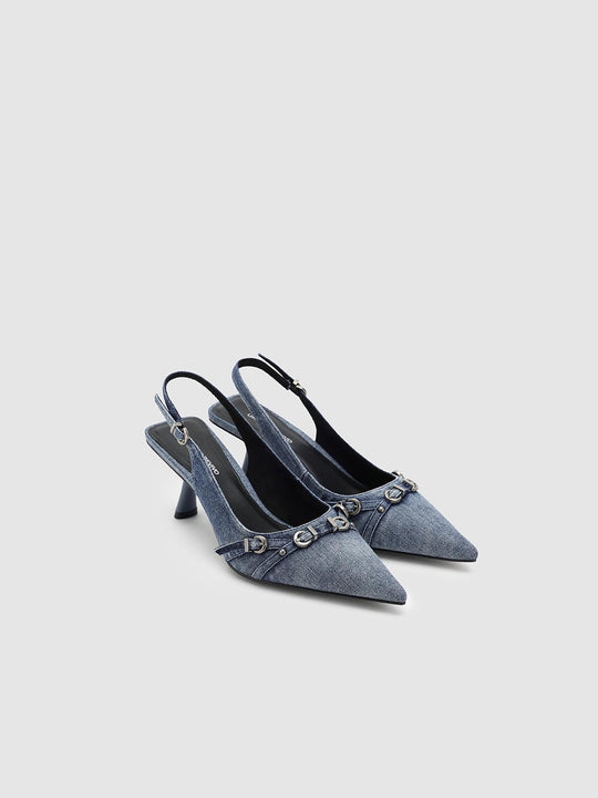 Belt Detail Point Toe Denim Heeled Slingbacks