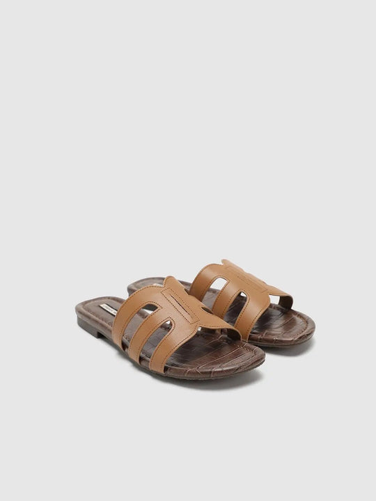 Tan Synthetic Leather Strappy Slide Sandals