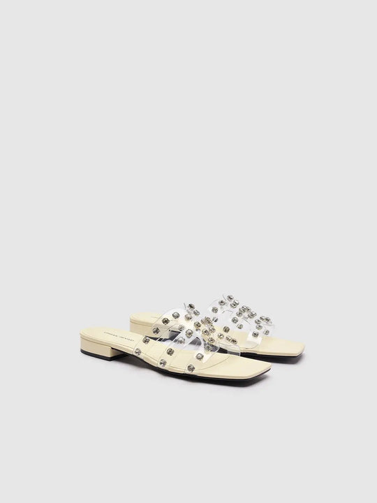 Beige Clear PVC Strap Rhinestone Slippers