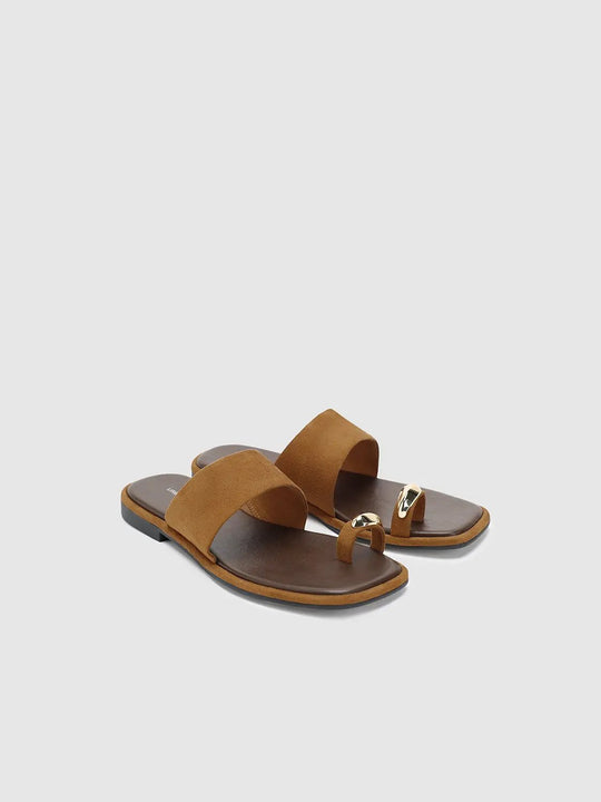 Two Tone Suede Strap Flat With Gold Studs Slippers