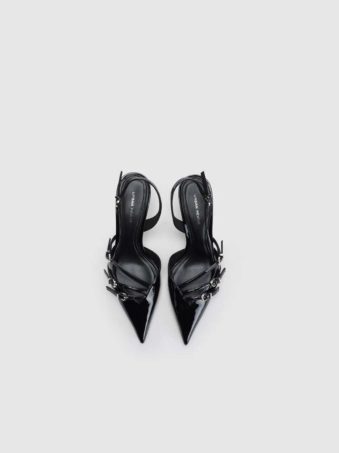 Slingback shoes, black patent with multiple thin straps and buckles, Urban Revivo pair