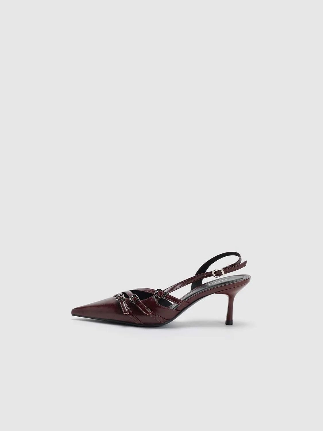 Slingbacks by Urban Revivo Fashion in burgundy leather with pointed toe and slim straps, kitten heel.