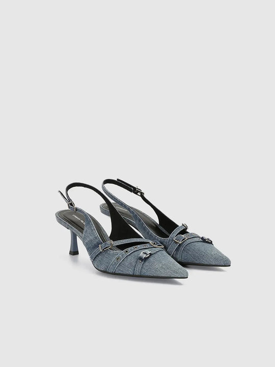 Denim Slingback Buckle Strap Pointed Toe Heels
