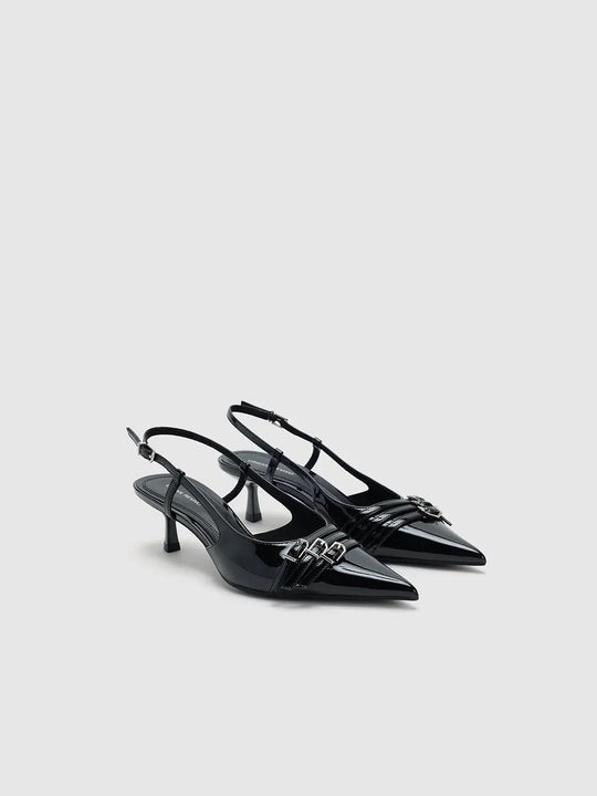 Black Patent Pointed Toe Slingback Kitten Heel Pump