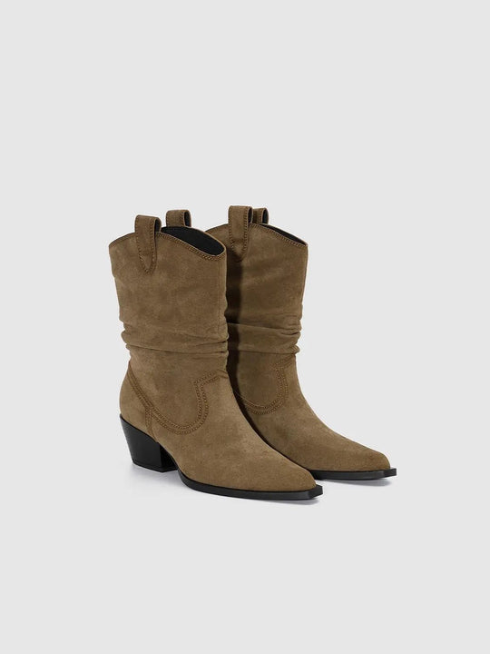 Ruched Mid-Calf Western Pointed Toe Block Heel Boots