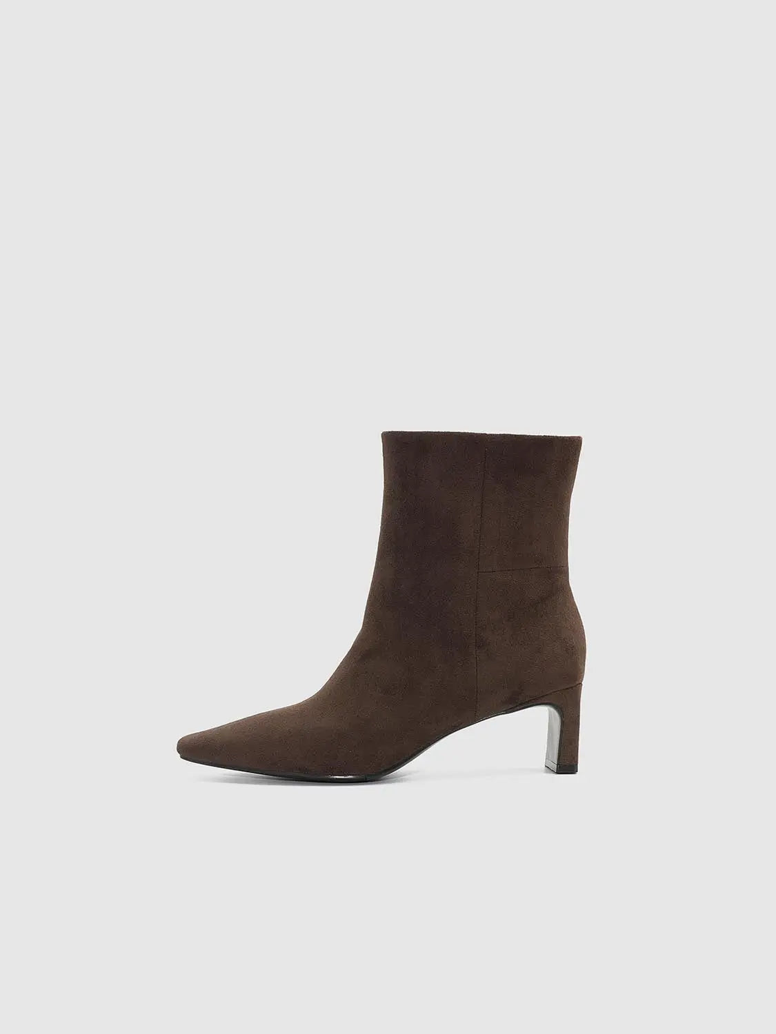 Boots by Urban Revivo Fashion; brown suede ankle boot with pointed toe and metallic block heel.
