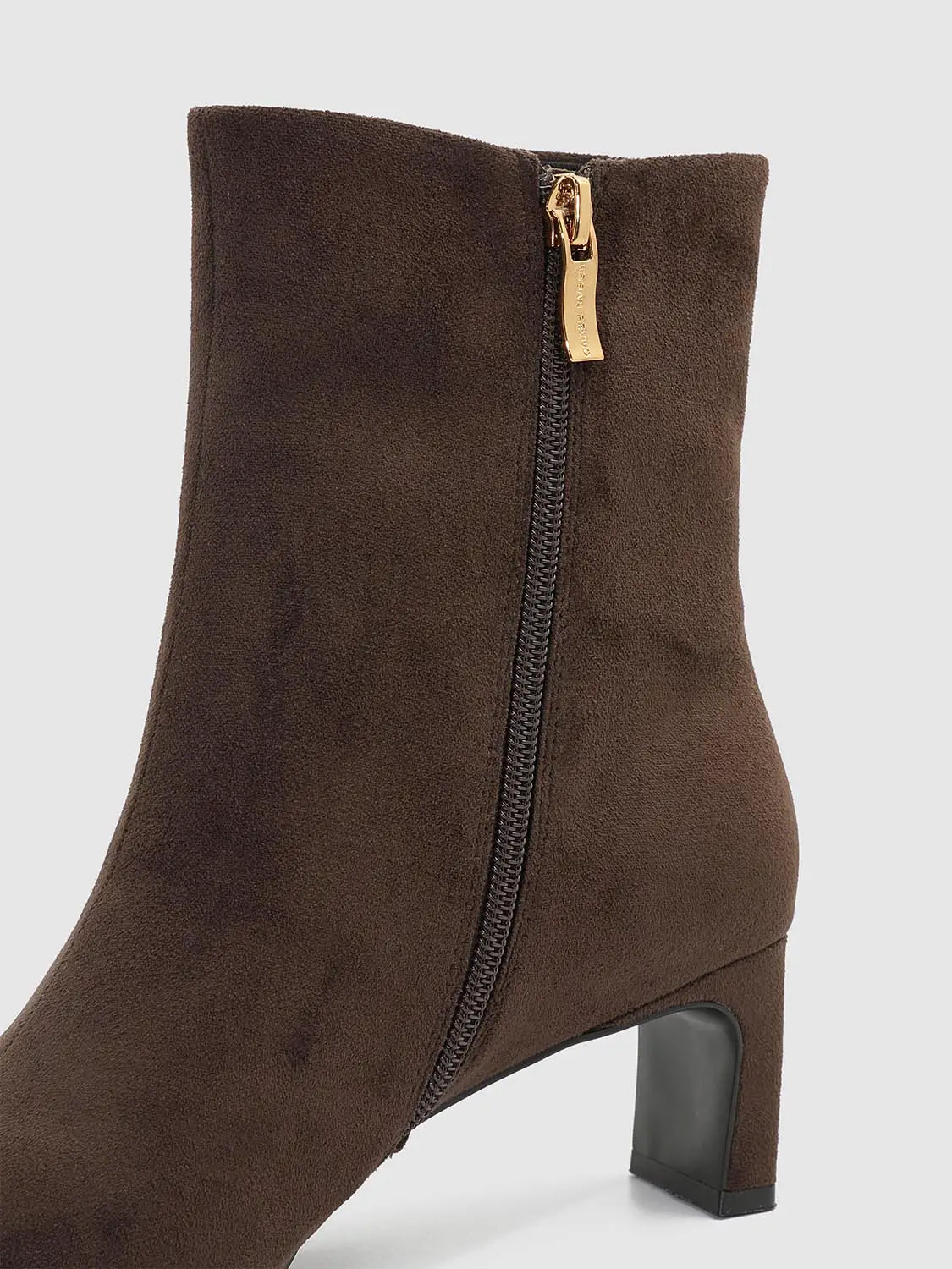 Boots brown suede ankle boot with side gold zipper and block heel