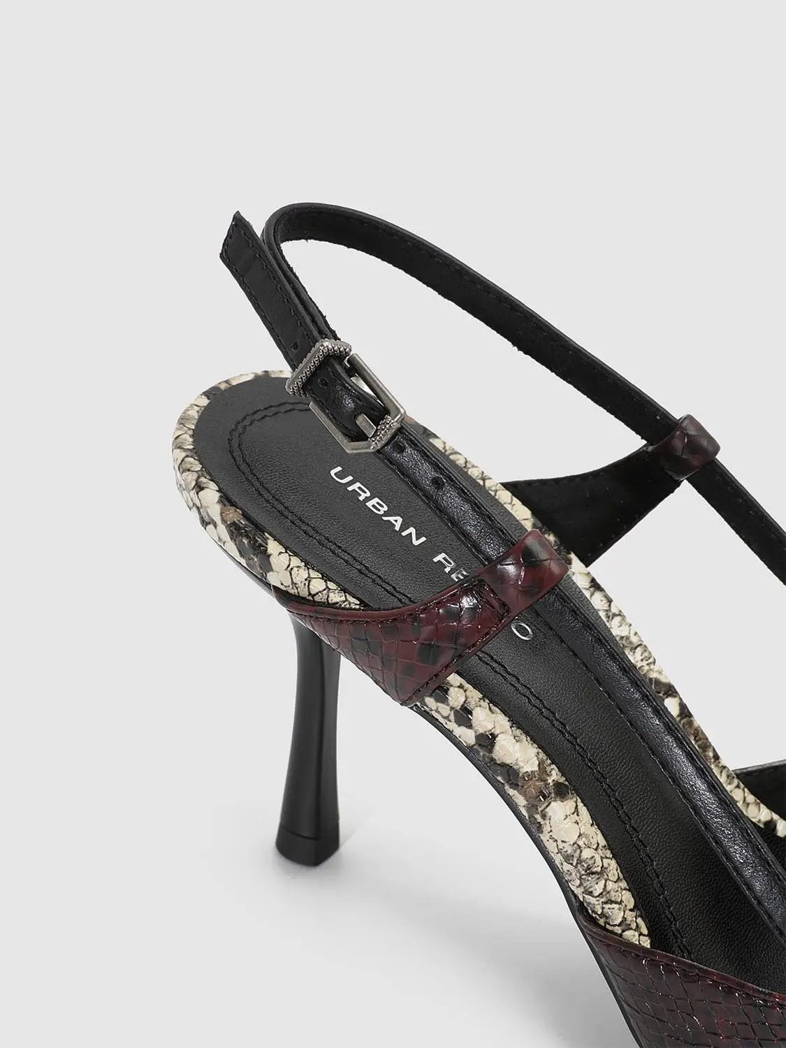 Urban Revivo slingback sandal in black with snakeskin trim, maroon strap, and metal buckle