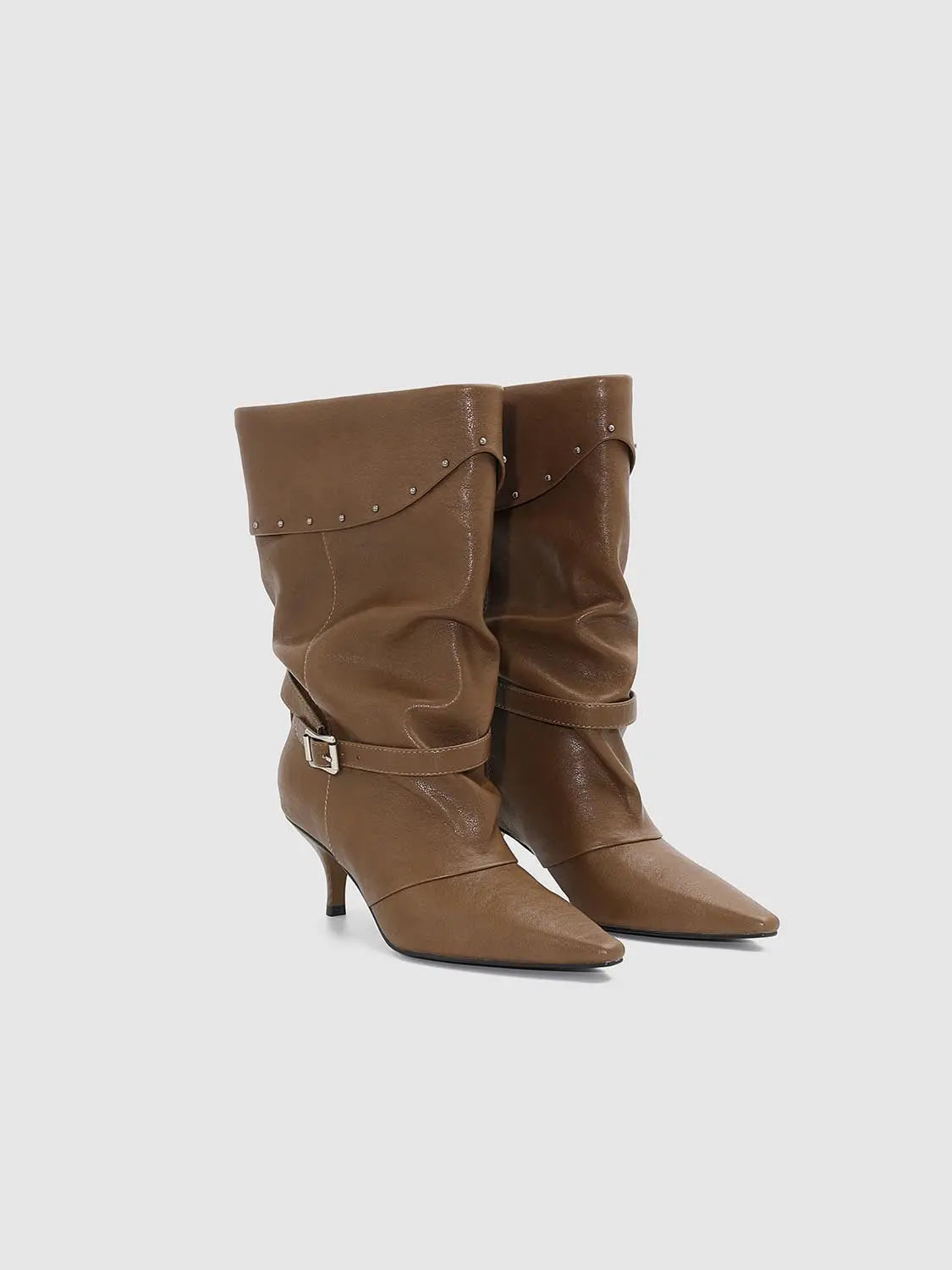 Boots by Urban Revivo Fashion, tan leather mid-calf pair with buckle strap and studded trim