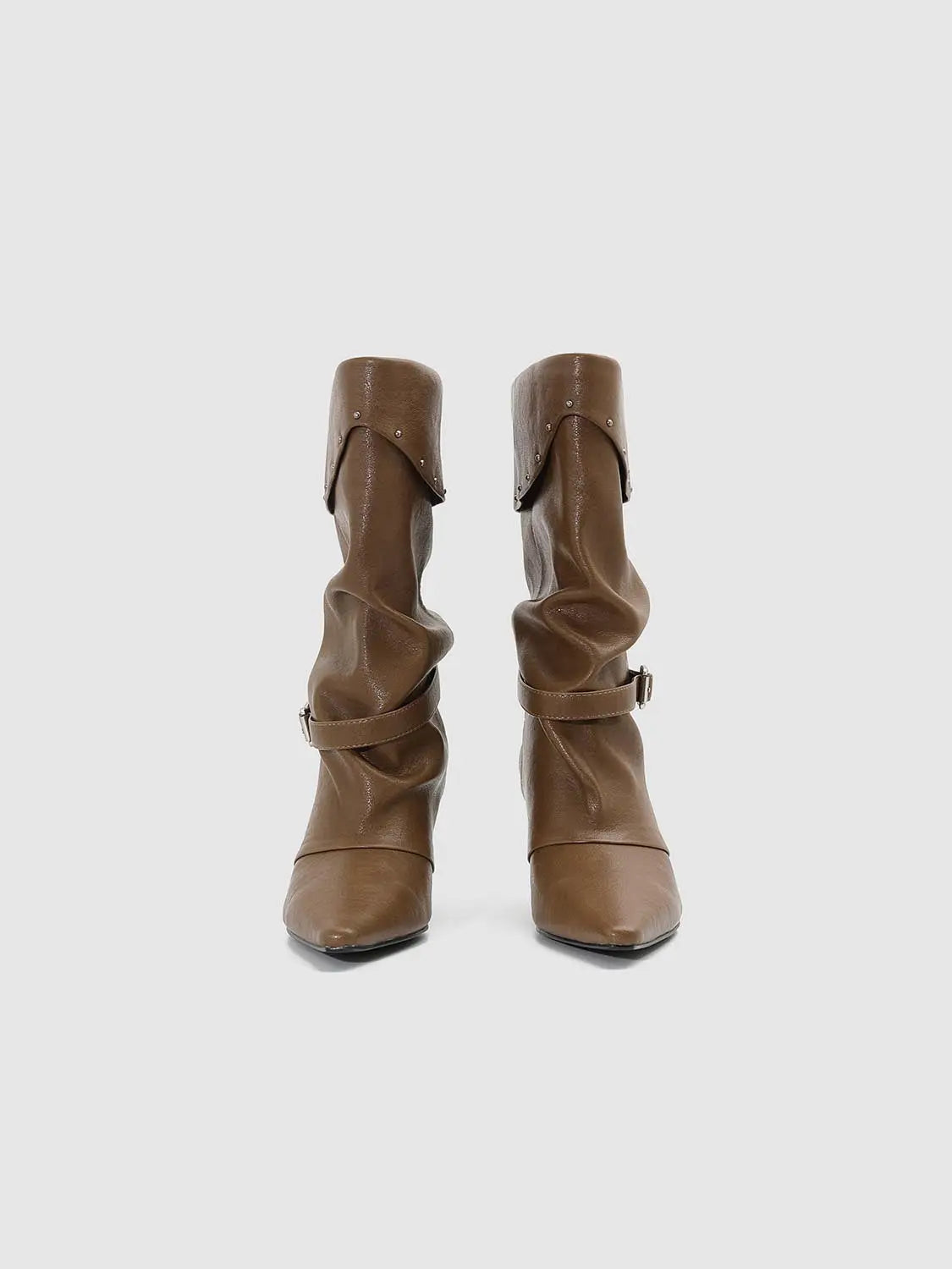 Boots, brown leather mid-calf with buckled strap, Urban Revivo Fashion.