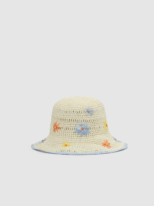 Contrast Trim Embroidered Crochet Bucket Hats