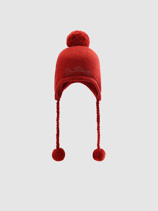Embroidered Fluffy Ball Beanie Hat