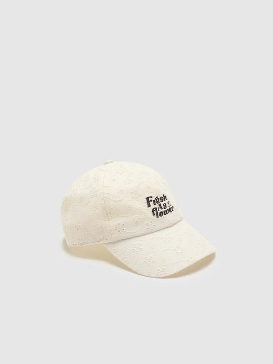 Soft Cream Embroidered Floral Cotton Caps