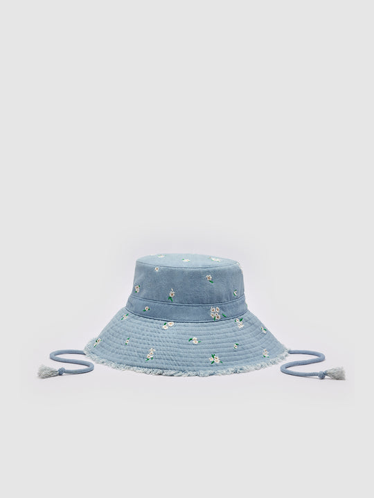 Floral Embroidered Raw Hem Denim Bucket Hats