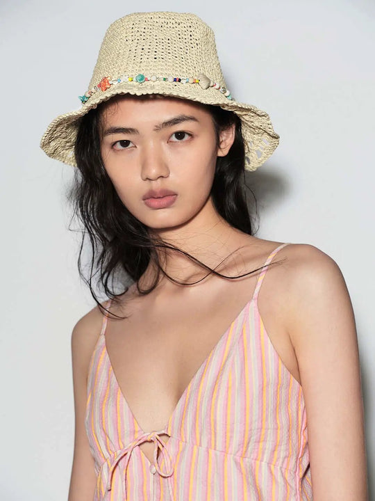 Straw Hat With Beaded Band Crochet Design Hats