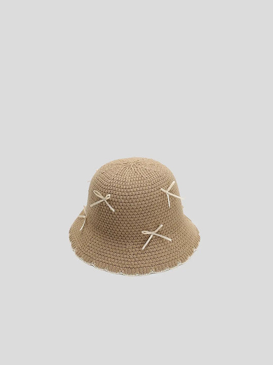 Crocheted Cotton Blend Bucket Hat With Ribbon Details