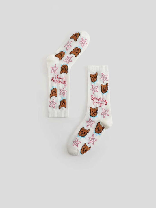 Bear Print Star Pattern Crew Cotton Blend Sock