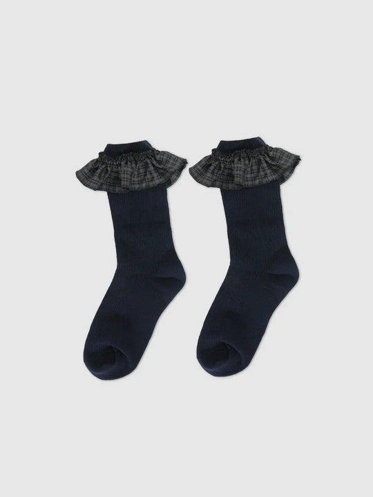 Plaid Ruffle Cuff Textured Knit Cotton Sock