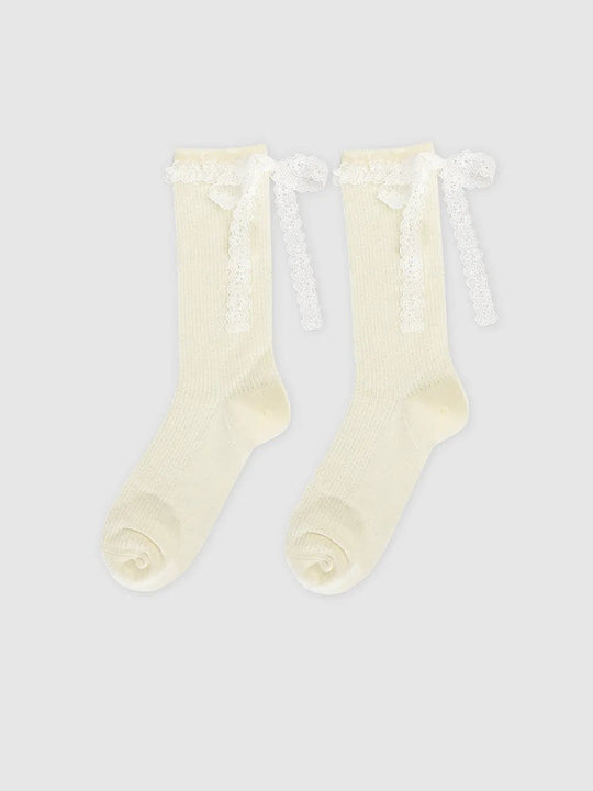 Delicate Lace Trim Knee-high With Ribbon Ties Socks