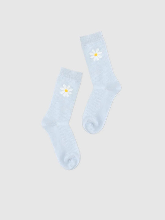 Ribbed Floral Print Light Blue Crew Socks