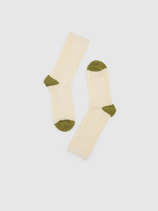 Cable Knit Socks With Contrast Heel And Toe