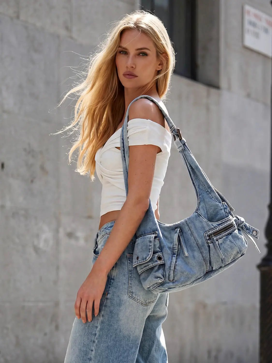 Multi-Pocket Denim Shoulder Bags by Urban Revivo Fashion
