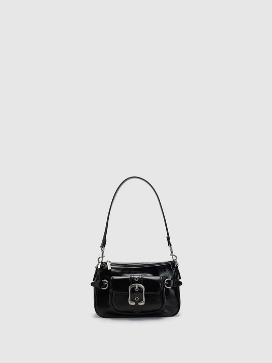 Front Flap Buckle With Silver Hardware Side Ring Detailing Top Zip Closure Compact Shoulder Bag
