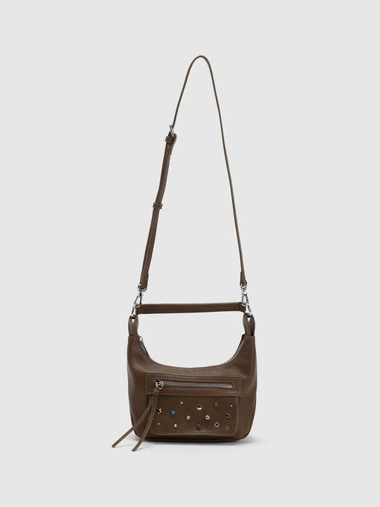 Embellished Curved Front Zip Pocket Crossbody Bag