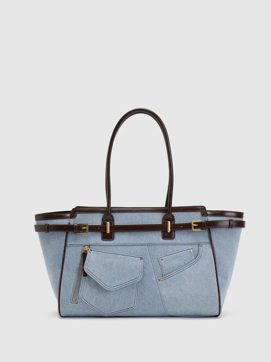 Denim With Gold Tone Hardware Shoulder Bag