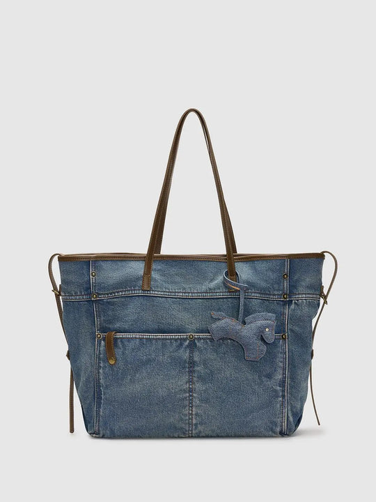 Denim Tote Bag With Leather Handle