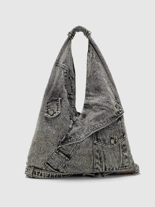 Borsa a spalla in denim grigio lavato con inserti patchwork