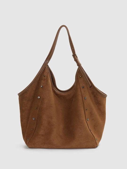 Studded Textured Brown Fabric Shoulder Bag