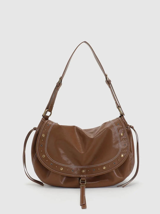 Studded Contrast Stitch Saddle Shoulder Bag