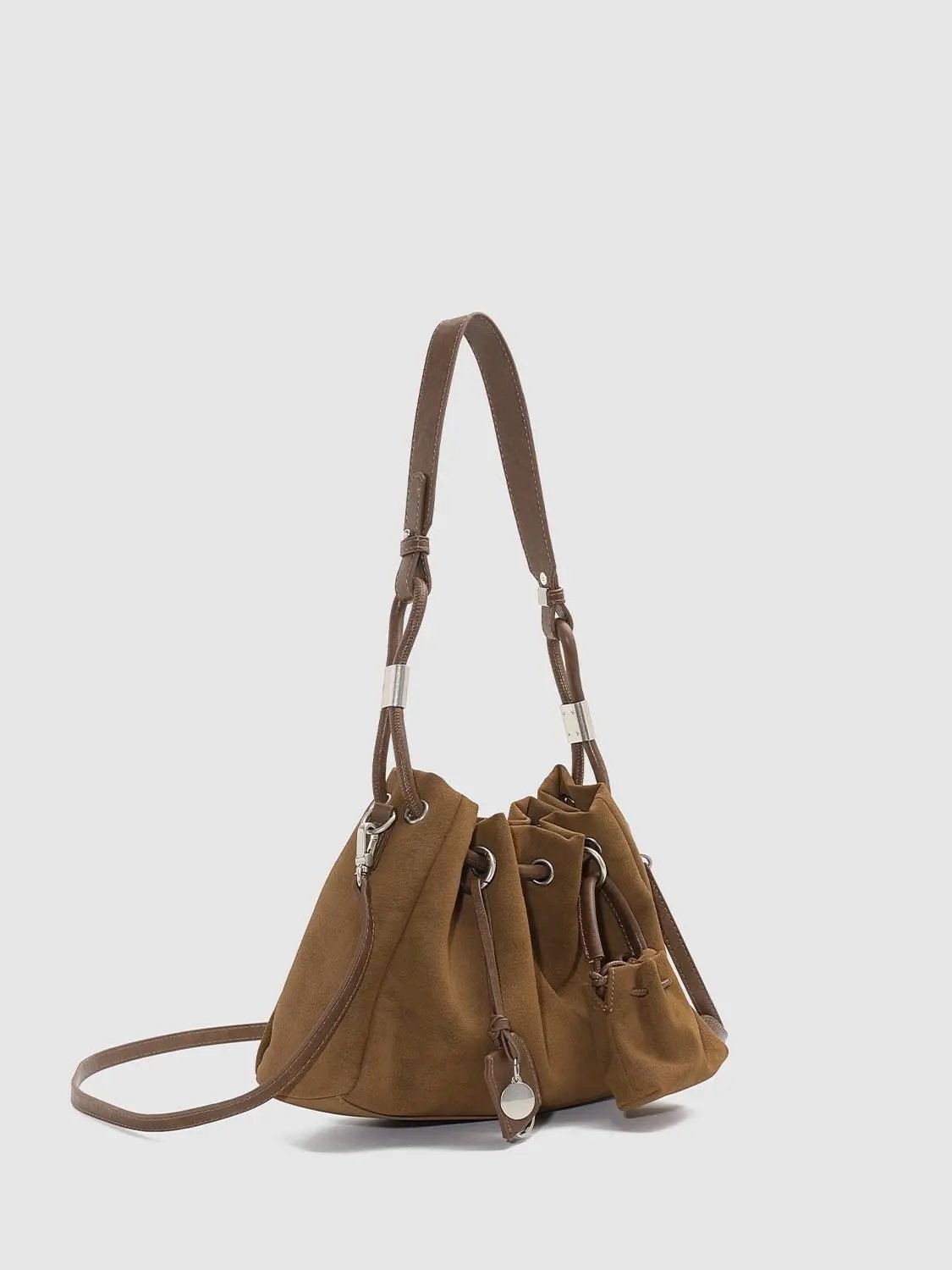Shoulder & crossbody bag in brown suede with leather straps and metal hardware