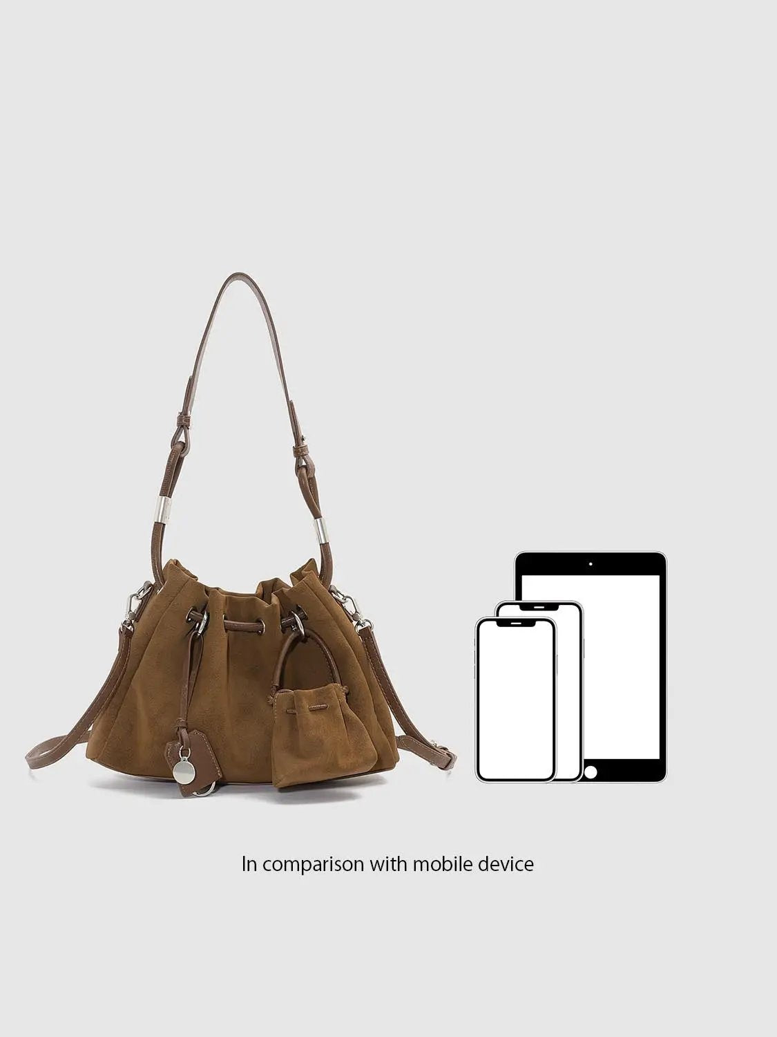 Urban Revivo shoulder & crossbody bag, brown suede bucket with drawstring top and silver hardware