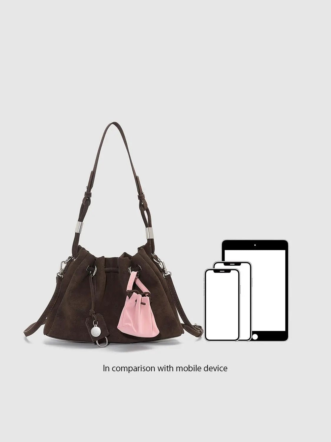Shoulder & Crossbody Bag by Urban Revivo in brown suede with pink pouch charm, adjustable straps