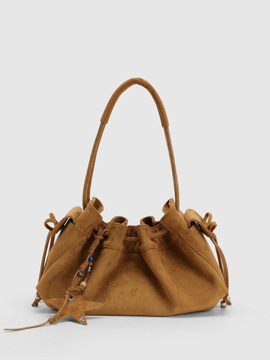 Tan Ruffled Drawstring Beaded Star Shoulder Bag