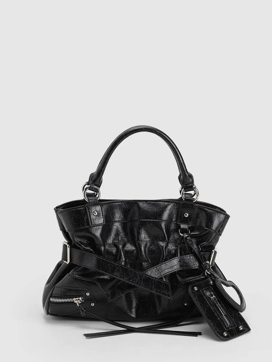 Zippered Ruched Black Crossbody Top Handle Handbag