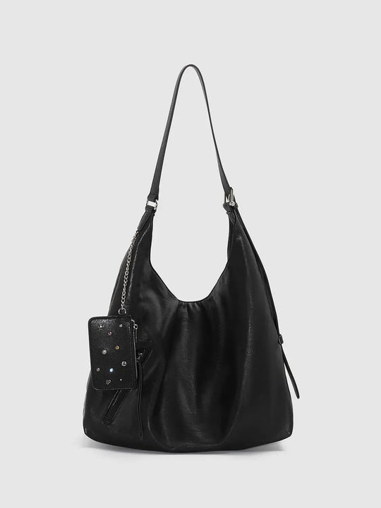 Slouchy Ruched Long Strap Shoulder Bag With Studded Charm