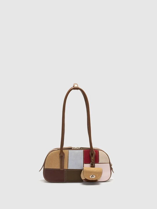 Bolso de hombro de cuero sintético con diseño de retazos y monedero