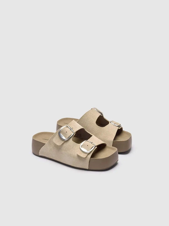 Two Strap Buckle Wide Strap Slide Sandal