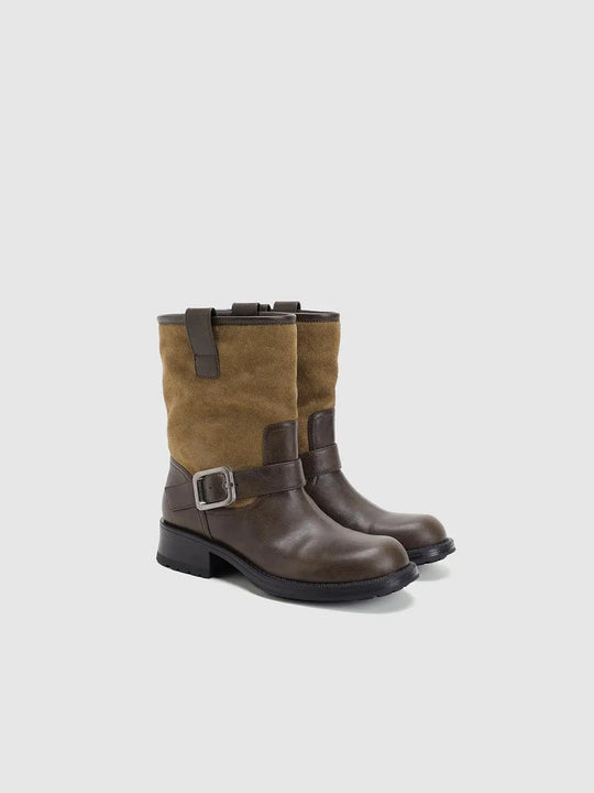 Two-tone Textured Metallic Ankle Buckle Mid-Calf Boots